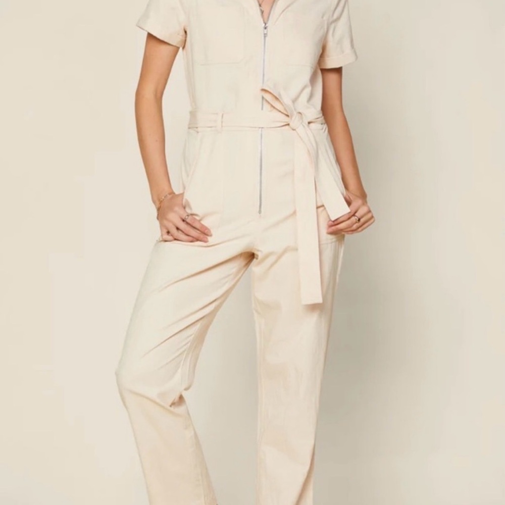 Skies Are Blue Beige Belted Jumpsuit